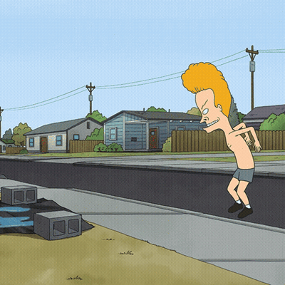A Cartoon Of A Man Without A Shirt Is Standing On A Sidewalk GIF