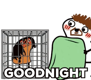 A Cartoon Of A Man Wrapped In A Blanket Standing Next To A Cage With The Words Goodnight Written On It GIF