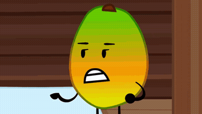 A Cartoon Of A Mango With A Microphone On Its Head . GIF