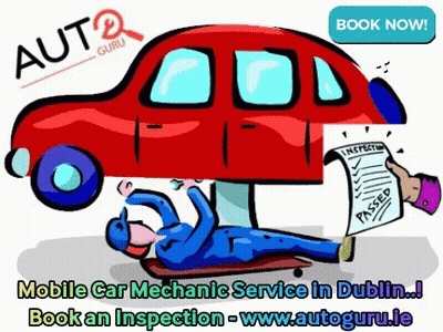 A Cartoon Of A Mechanic Working On A Car With The Words Mobile Car Mechanic Service In Dublin Book An Inspection On The  GIF