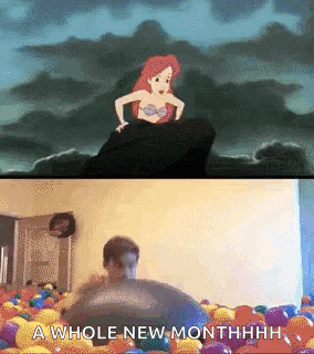 A Cartoon Of A Mermaid And A Picture Of A Man Playing With Balloons GIF