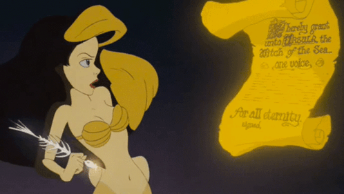 A Cartoon Of A Mermaid Holding A Feather Next To A Scroll That Says " For All Dearity Upheld " GIF