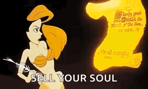 A Cartoon Of A Mermaid Holding A Feather Next To A Yellow Scroll With The Words `` Sell Your Soul '' . GIF