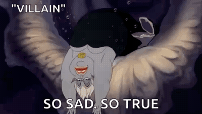A Cartoon Of A Mermaid Laying On Her Back With The Words `` Villain '' So Sad So True . GIF