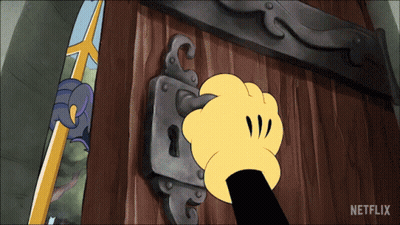 A Cartoon Of A Mickey Mouse Hand Opening A Door With A Netflix Logo In The Corner GIF