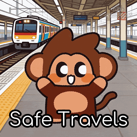 A Cartoon Of A Monkey At A Train Station With The Words Safe Travels Below It GIF