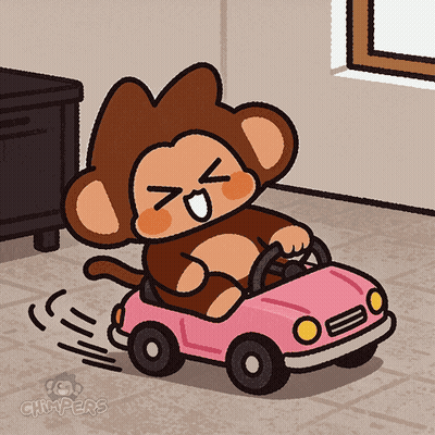 A Cartoon Of A Monkey Driving A Pink Toy Car With The Words Chiwpers On The Bottom GIF
