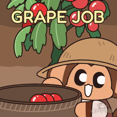A Cartoon Of A Monkey Holding A Basket Of Grapes With The Words Grape Job Written Above It GIF
