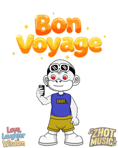 A Cartoon Of A Monkey Holding A Cell Phone With The Words Bon Voyage Above Him GIF