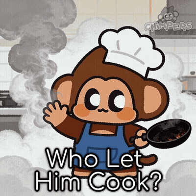 A Cartoon Of A Monkey Holding A Frying Pan With The Words " Who Let Him Cook " Below It GIF