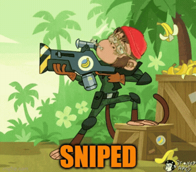 A Cartoon Of A Monkey Holding A Gun With The Word Sniped Above Him GIF