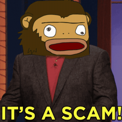 A Cartoon Of A Monkey In A Suit With The Words It 'S A Scam GIF