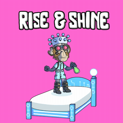 A Cartoon Of A Monkey Jumping Over A Bed With The Words Rise & Shine Above It GIF