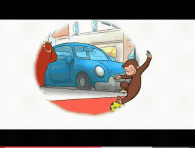 A Cartoon Of A Monkey Kicking A Soccer Ball In Front Of A Blue Car GIF
