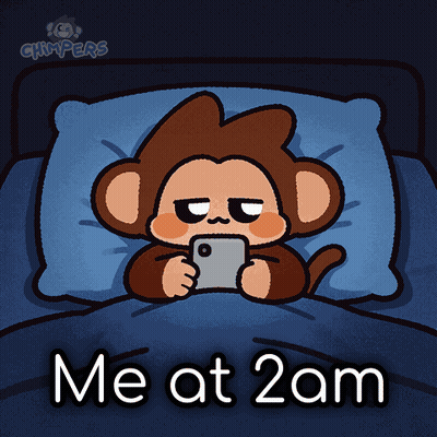 A Cartoon Of A Monkey Laying In Bed Looking At A Cell Phone With The Words " Me At 2Am " Below It GIF