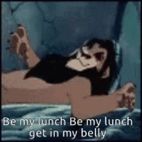 A Cartoon Of A Monkey Laying On A Bed With The Words `` Be My Lunch Be My Lunch Get In My Belly '' GIF