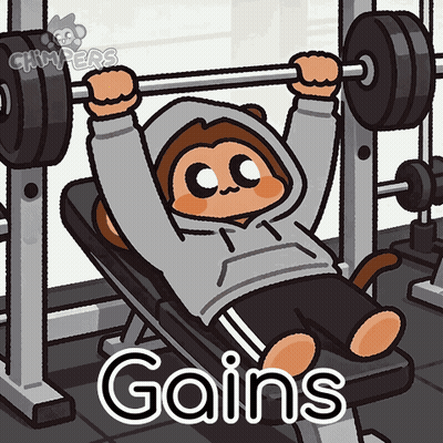 A Cartoon Of A Monkey Lifting Weights With The Words Gains Below Him GIF