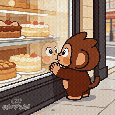 A Cartoon Of A Monkey Looking At Cakes In A Bakery GIF