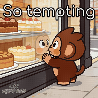 A Cartoon Of A Monkey Looking At Cakes In A Window With The Words So Tempting GIF