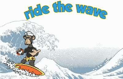 A Cartoon Of A Monkey On A Surfboard With The Words Ride The Wave Above It GIF