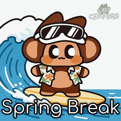 A Cartoon Of A Monkey On A Surfboard With The Words Spring Break Written Below It GIF