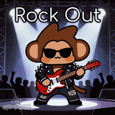 A Cartoon Of A Monkey Playing A Guitar With The Words Rock Out Below Him GIF