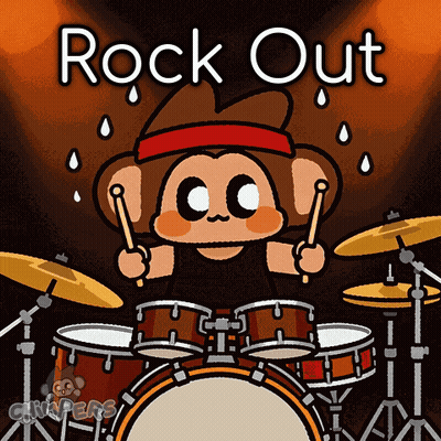A Cartoon Of A Monkey Playing Drums With The Words Rock Out Below It GIF