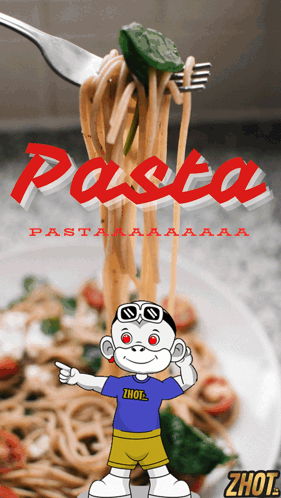 A Cartoon Of A Monkey Pointing At A Plate Of Pasta With The Word Pasta In Red GIF