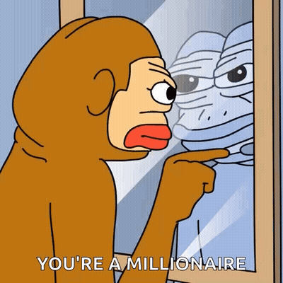A Cartoon Of A Monkey Pointing At His Reflection In A Mirror With The Words You 'Re A Millionaire GIF