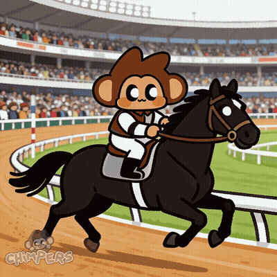 A Cartoon Of A Monkey Riding A Horse With The Word Chimpers Below It GIF