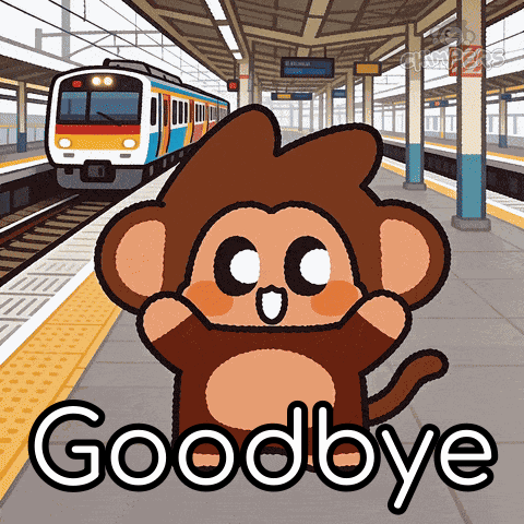 A Cartoon Of A Monkey Saying Goodbye With A Train In The Background GIF