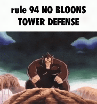 A Cartoon Of A Monkey Sitting On A Rock With The Words Rule 94 No Bloons Tower Defense Above Him GIF
