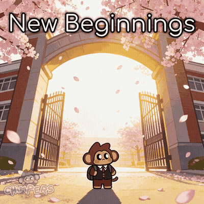 a cartoon of a monkey standing in front of a building with the words new beginnings written above it