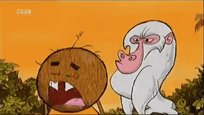 A Cartoon Of A Monkey Standing Next To A Coconut With Its Mouth Open .. GIF