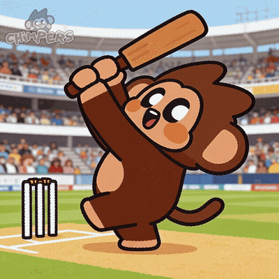 A Cartoon Of A Monkey Swinging A Bat At A Cricket Ball With The Word Grimpers On The Bottom GIF