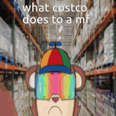 A Cartoon Of A Monkey Wearing A Colorful Hat And Goggles With The Words " What Costco Does To A Mf " GIF