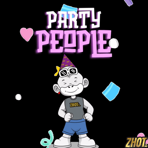 A Cartoon Of A Monkey Wearing A Party Hat And Sunglasses With The Words Party People Behind Him GIF