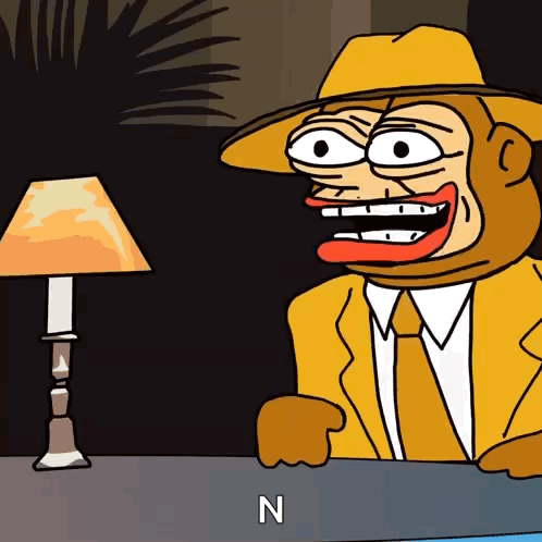 A Cartoon Of A Monkey Wearing A Yellow Suit And Hat With The Letter N Below It GIF