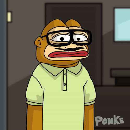 A Cartoon Of A Monkey Wearing Glasses And A Green Shirt With The Word Ponke Below Him GIF