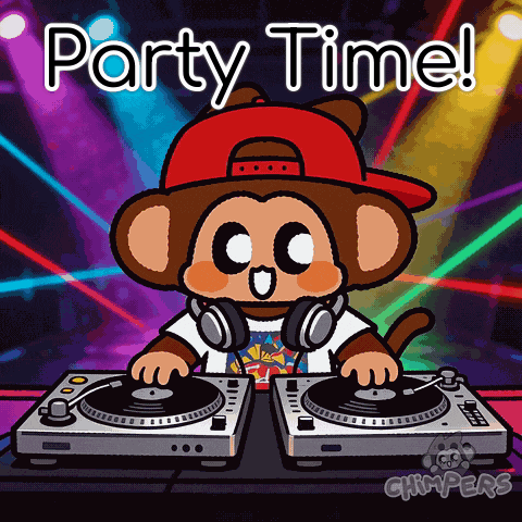 A Cartoon Of A Monkey Wearing Headphones And A Hat Playing Records With The Words Party Time Written Above Him GIF