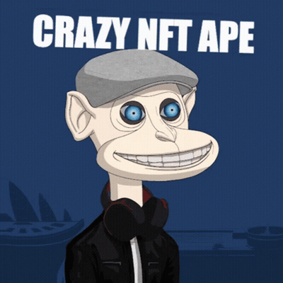 A Cartoon Of A Monkey Wearing Headphones And A Hat With The Words Crazy Nft Ape Below It GIF
