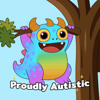 A Cartoon Of A Monster Hanging From A Tree Branch With The Words Proudly Autistic Below It GIF