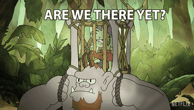 A Cartoon Of A Monster In A Cage With The Words " Are We There Yet " Above It GIF