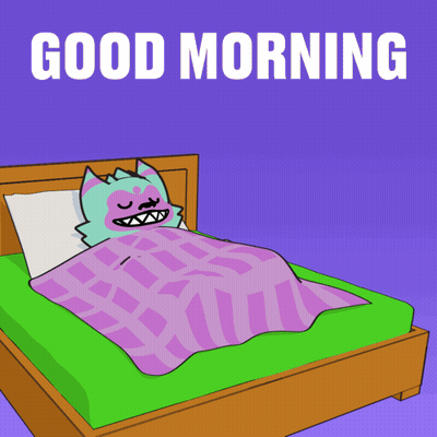 A Cartoon Of A Monster Saying Good Morning On A Bed GIF