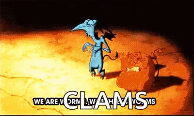 A Cartoon Of A Monster Standing Next To A Rock With The Words " We Are Clams " On It GIF