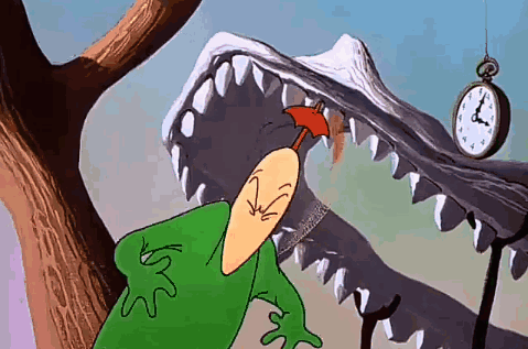 A Cartoon Of A Monster With A Clock Hanging From A Tree GIF