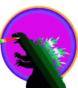 A Cartoon Of A Monster With A Rainbow In Its Mouth And A Purple Circle In The Background . Sticker