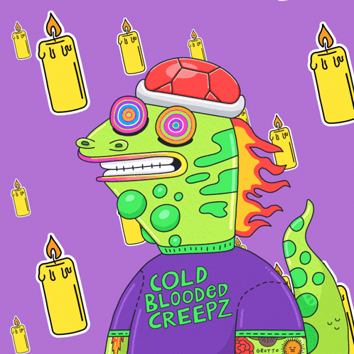 A Cartoon Of A Monster With Candles And The Words Cold Blooded Creepz On His Shirt GIF