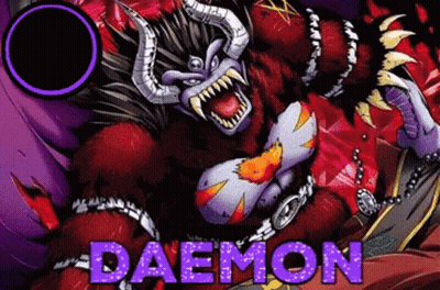 A Cartoon Of A Monster With Horns And A Purple Circle Around It . GIF