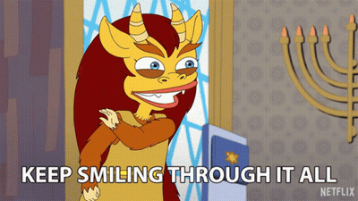 A Cartoon Of A Monster With Horns And The Words Keep Smiling Through It All GIF